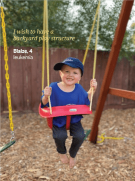 Make-A-Wish Child Playing on Backyard Swing Set - Text Overlay - I wish to have a backyard play structure, Blaize, 4 Luekemia